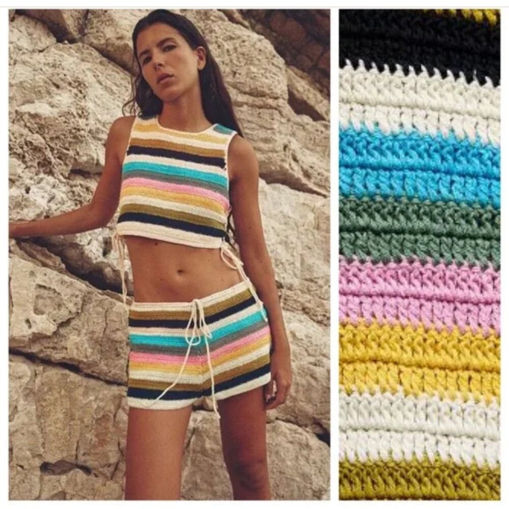 Zara Multicolor Striped Crochet Shorts — Pink, Blue, Yellow, Green, Black, White